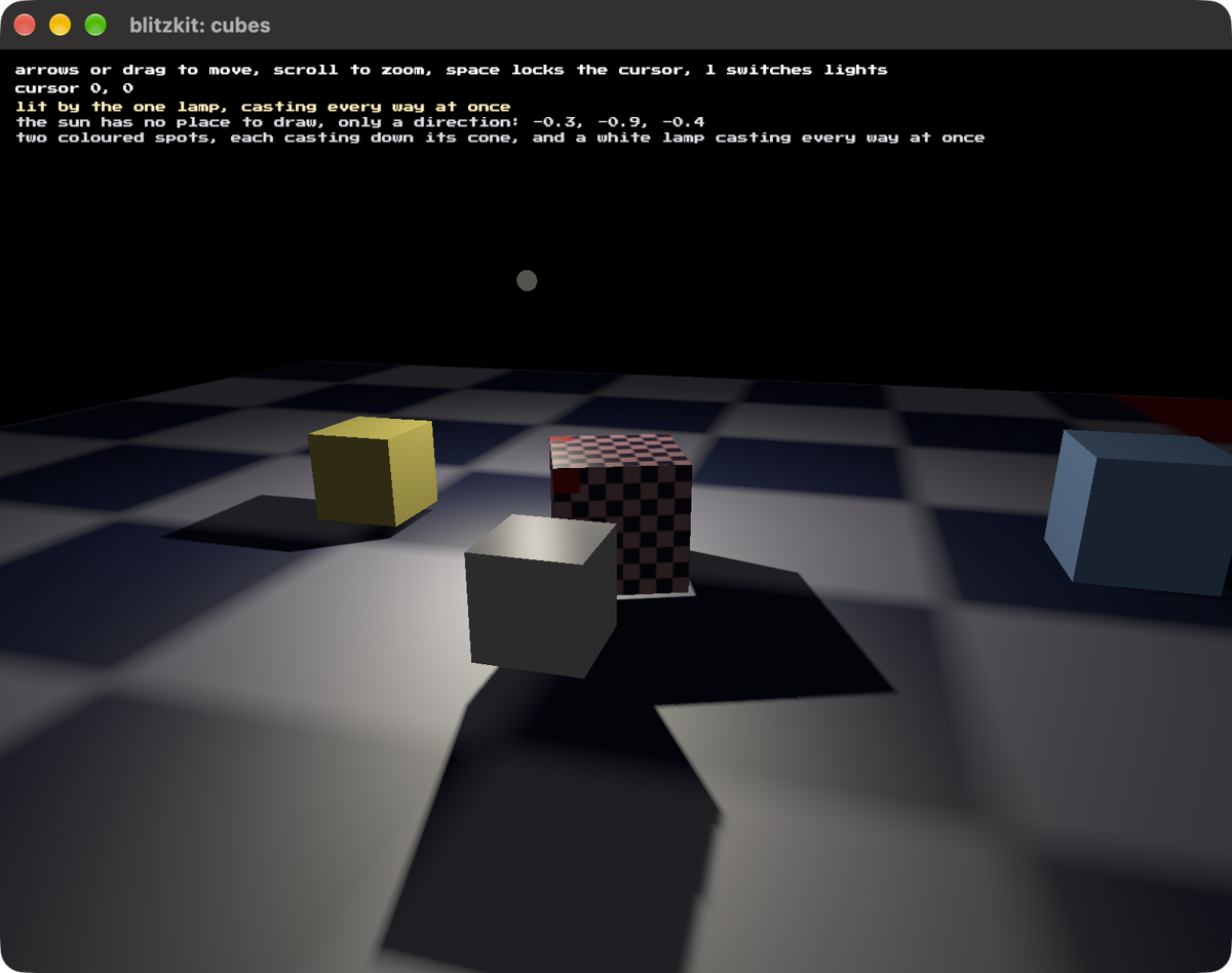 Four cubes on a dark checkered floor lit by one lamp, each throwing its
shadow off in a different direction