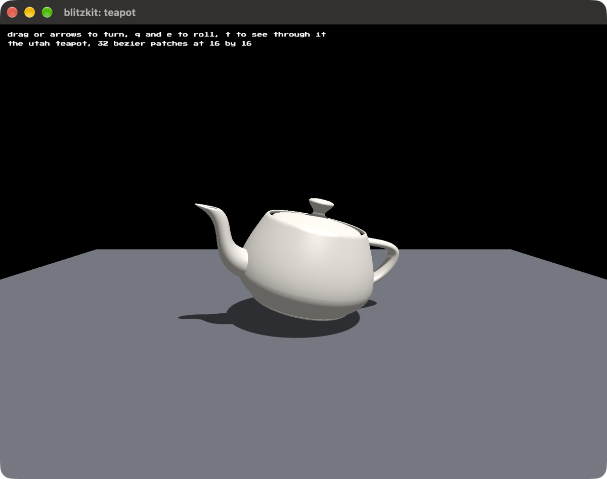 The Utah teapot in white, casting a teapot shaped shadow