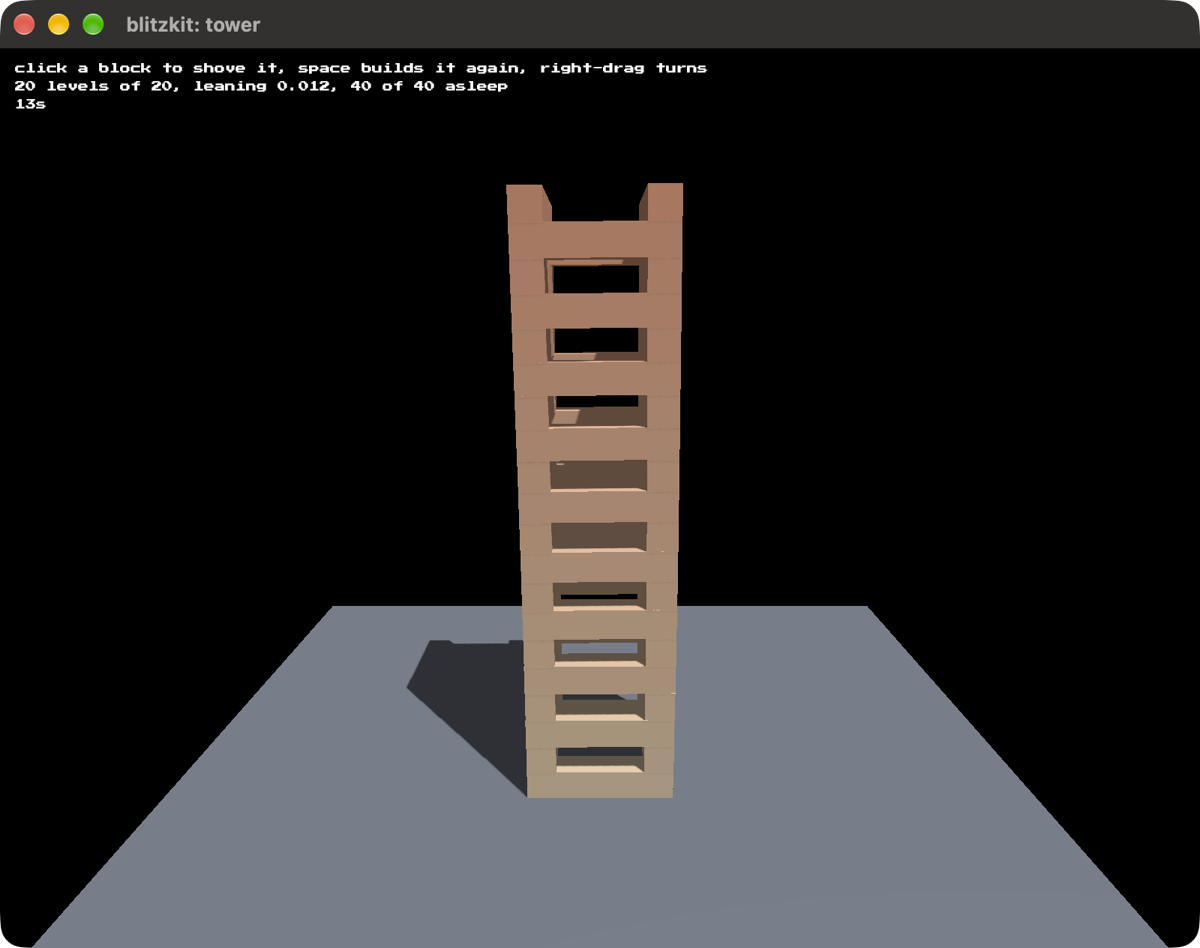 A tall hollow tower of forty blocks, two to a level and turned a quarter turn
each level, standing on a grey floor