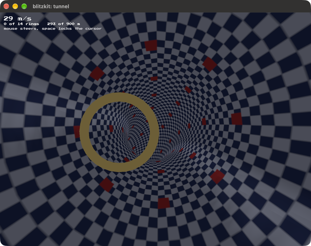 Looking down a tunnel of dark and light checks receding to a vanishing point,
with a gold ring hanging off centre